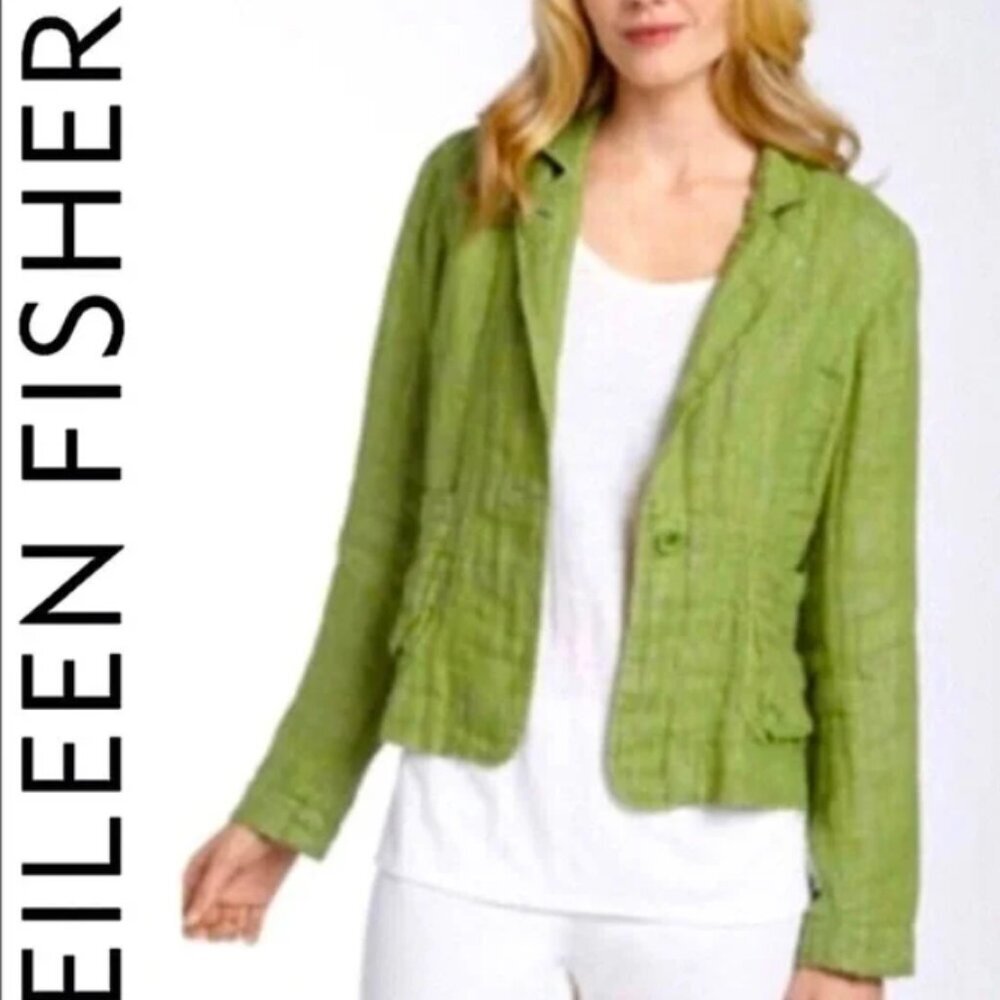 Eileen Fisher Green Blazer with Notched Lapels and Tailored Fit